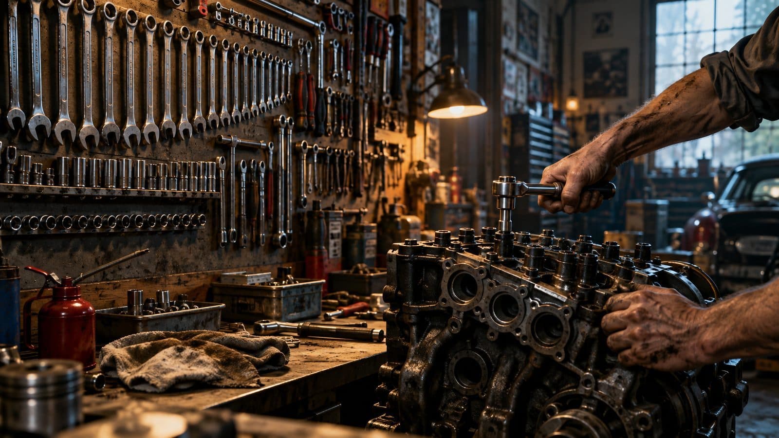 A mechanic's hands working a ratchet on a stripped-down engine block in a lamplit workshop