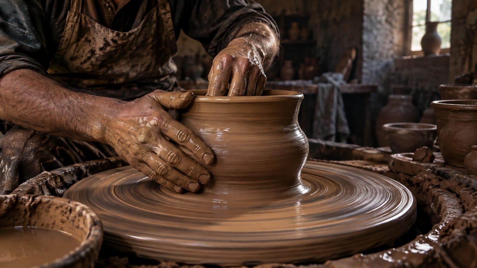 A potter's wet hands shaping a spinning vessel on the wheel, the clay blurred with rotation