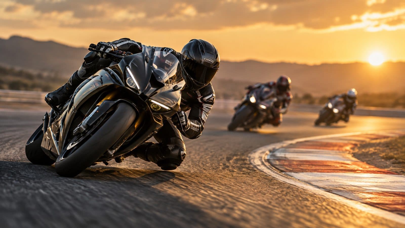 A rider leaning hard into a corner at speed, knee down, with two more riders following through the bend