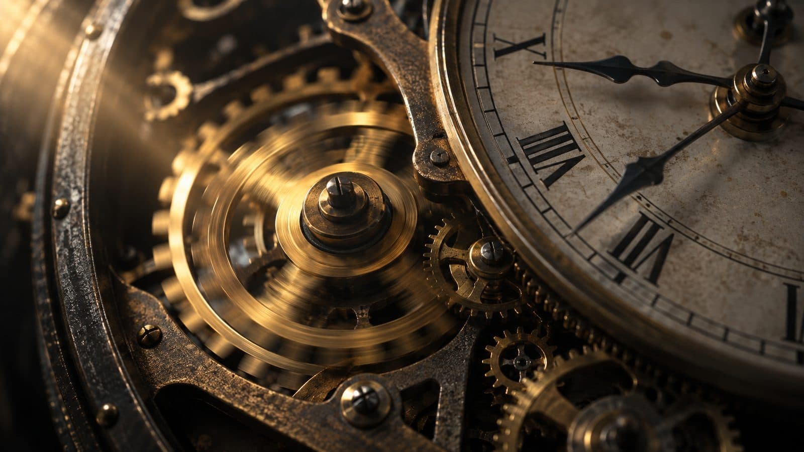 The open movement of a brass clock, one gear spinning fast enough to blur while the hands hold time