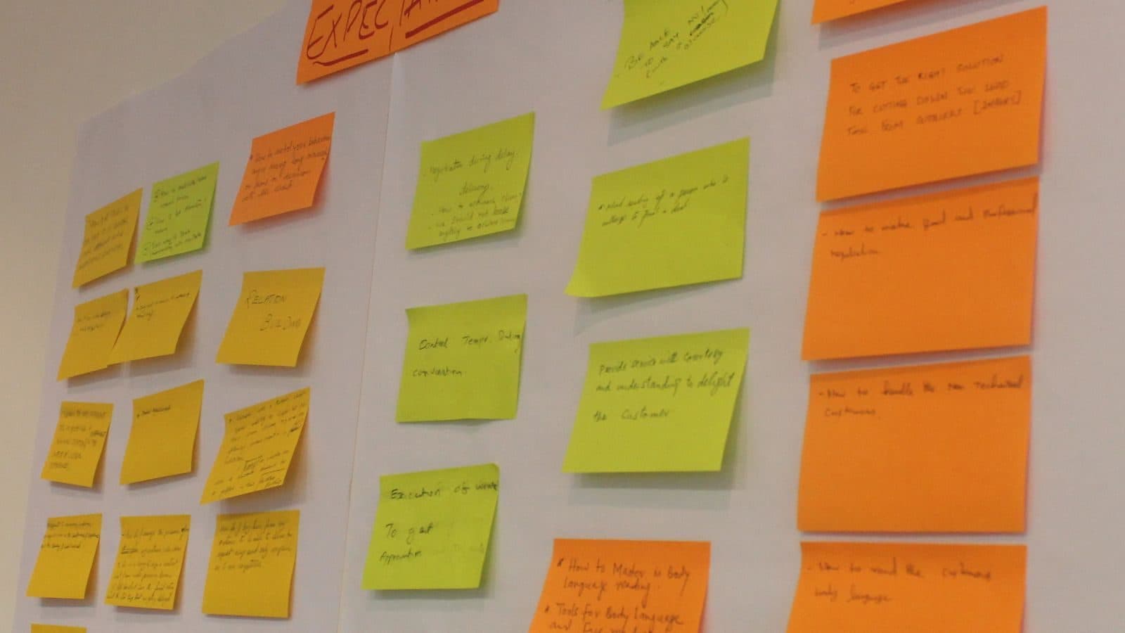 A wall of orange and yellow sticky notes, each one written on, arranged in columns